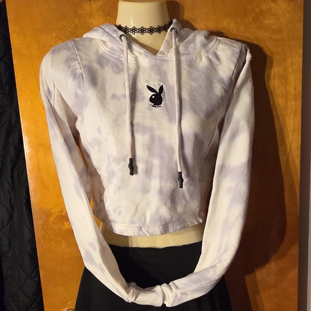 Playboy Grey Tie Dye Cropped Hoodie